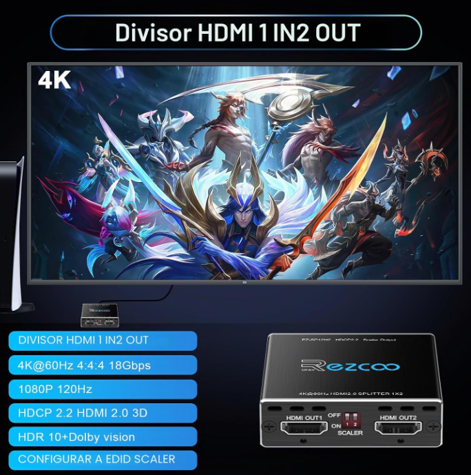 Splitter HDMI 2.0 1x2 4K@60Hz HDR HDCP2.2 com EDID e Downscaler – EZCOO