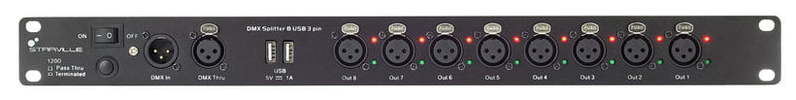 Splitter e Amplificador DMX de 8 Saídas 3-pin para Rack 19" com USB – Stairville