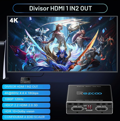 Splitter HDMI 2.0 1x2 4K@60Hz HDR HDCP2.2 com EDID e Downscaler – EZCOO