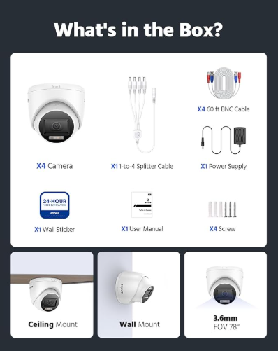 Kit 4 Câmaras de Vigilância CCTV Annke – Lente 3.6mm HD com Luz Branca e Visão Noturna