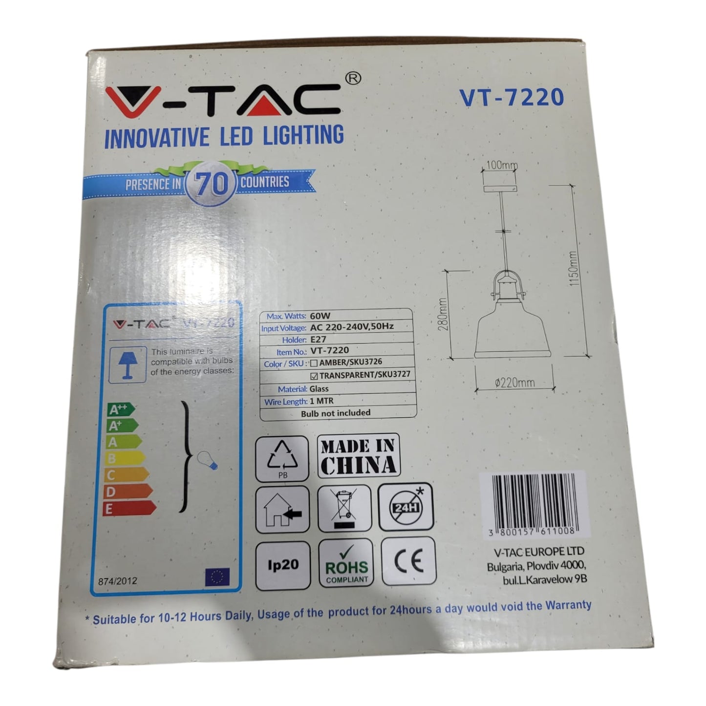 Candeeiro Suspenso V-TAC VT-7220 Vidro e Metal E27